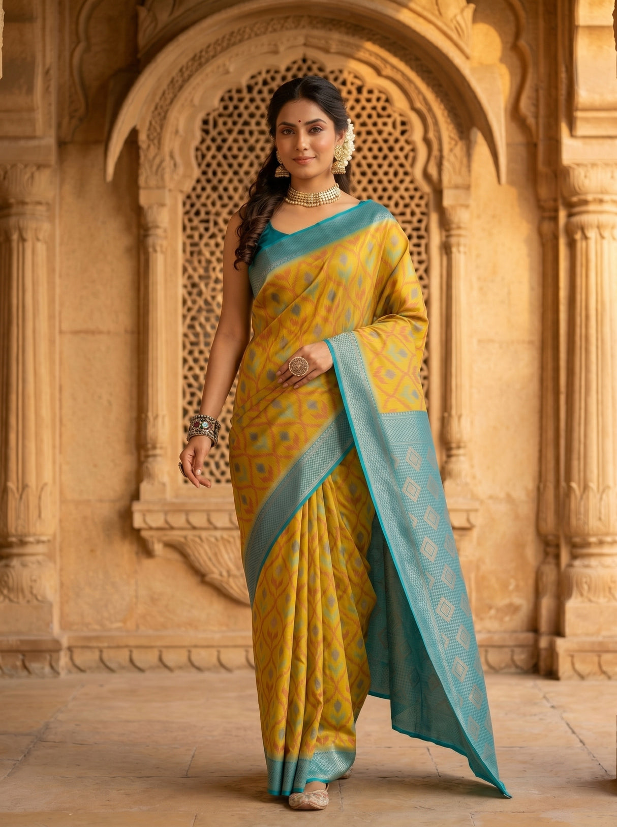 MIMOSA Olive Pochampally Art Silk Saree — Upper body detail