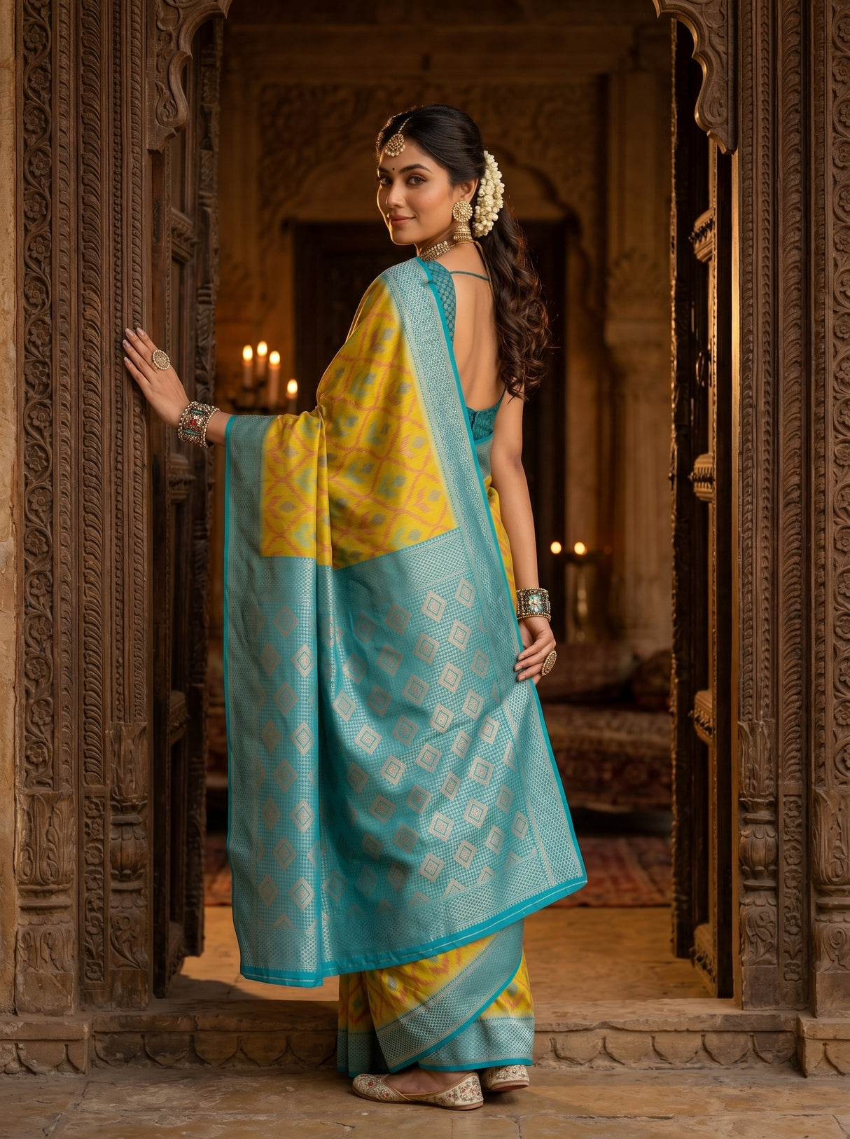 MIMOSA Olive Pochampally Art Silk Saree — Mid-section detail