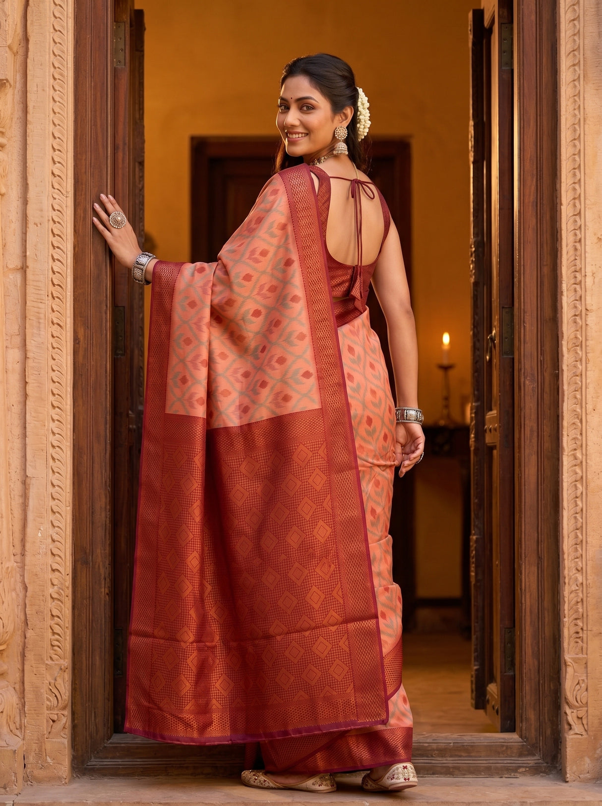 MIMOSA Peach Pochampally Art Silk Saree — Upper body detail