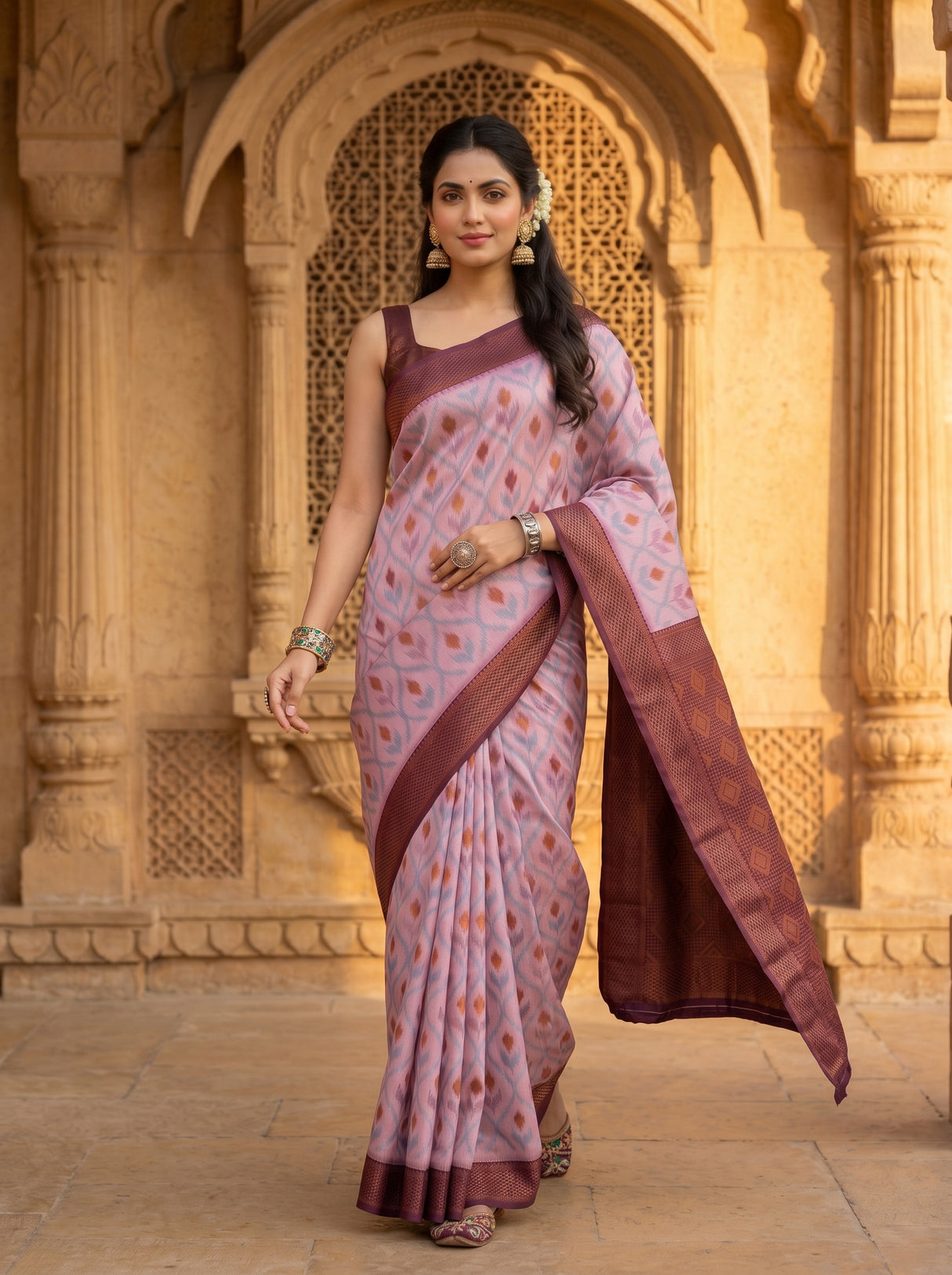 MIMOSA Pink Pochampally Art Silk Saree — Mid-section detail