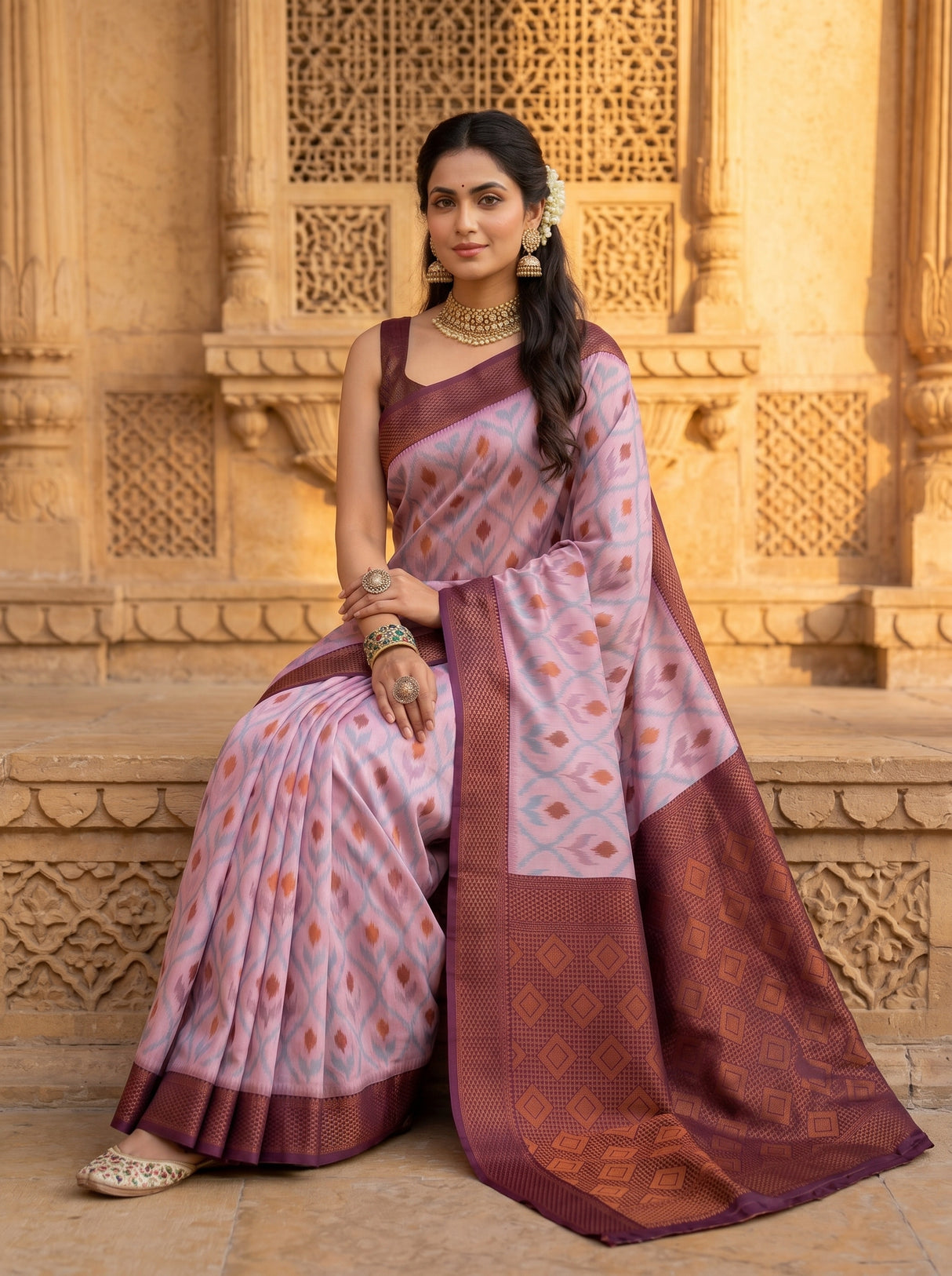 MIMOSA Pink Pochampally Art Silk Saree — Pleats detail