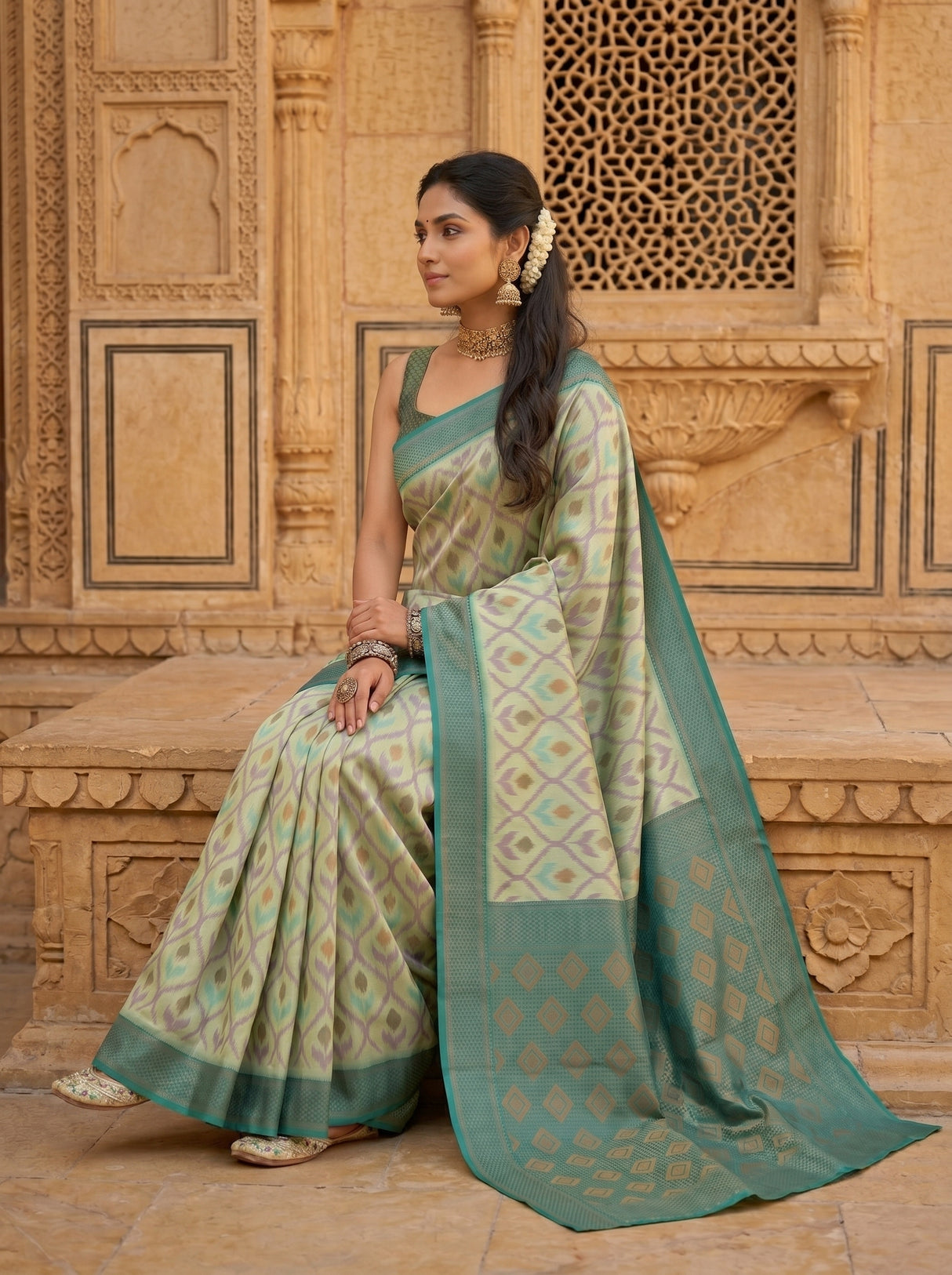 MIMOSA Pista Pochampally Art Silk Saree — Lower body detail