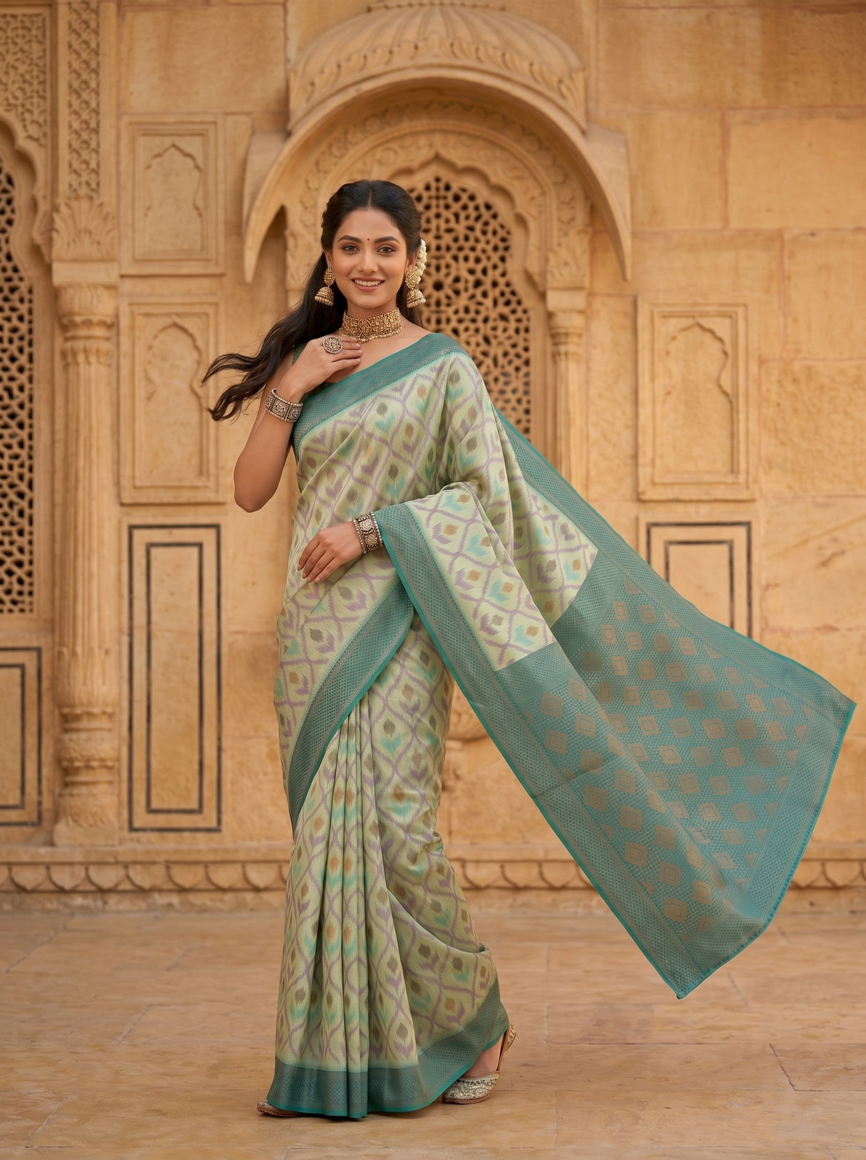 MIMOSA Pista Pochampally Art Silk Saree — Pleats detail