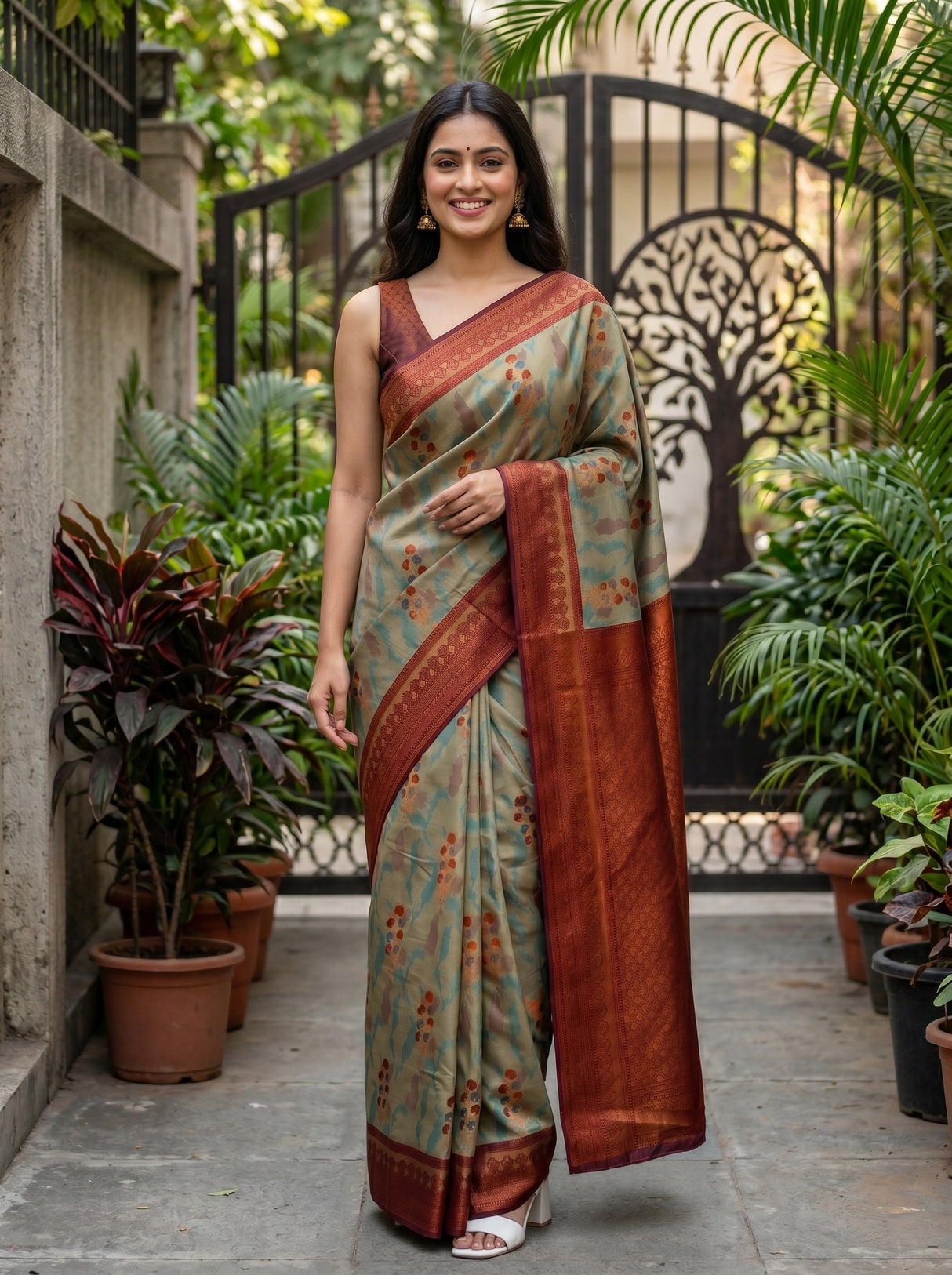 MIMOSA Chiku Pochampally Art Silk Saree — Full length model pose