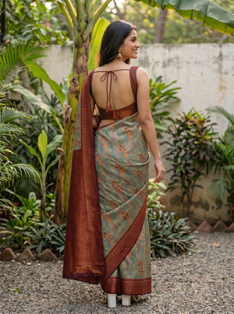 MIMOSA Chiku Pochampally Art Silk Saree — Wall and foliage detail