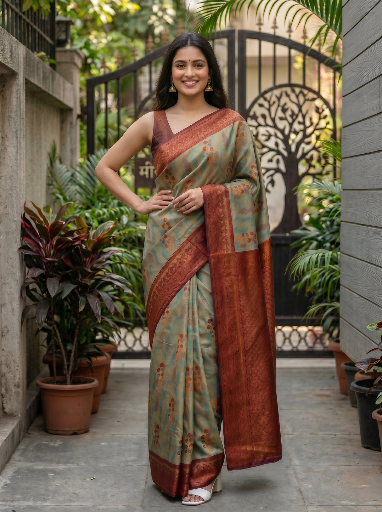 MIMOSA Chiku Pochampally Art Silk Saree — Gate and foliage detail