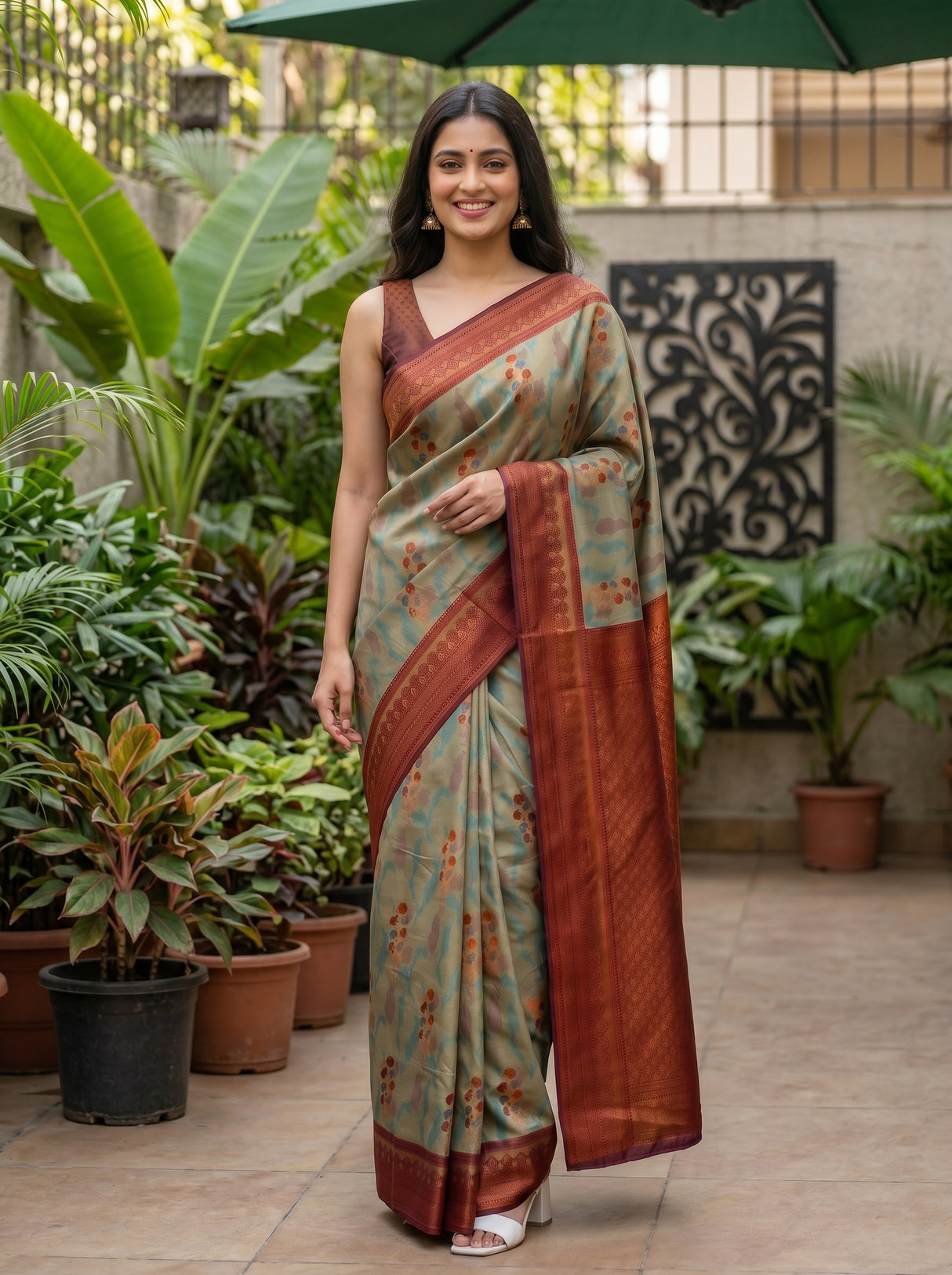 MIMOSA Chiku Pochampally Art Silk Saree — Model arm and plant detail