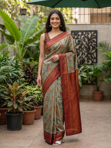 MIMOSA Chiku Pochampally Art Silk Saree — Model arm and plant detail