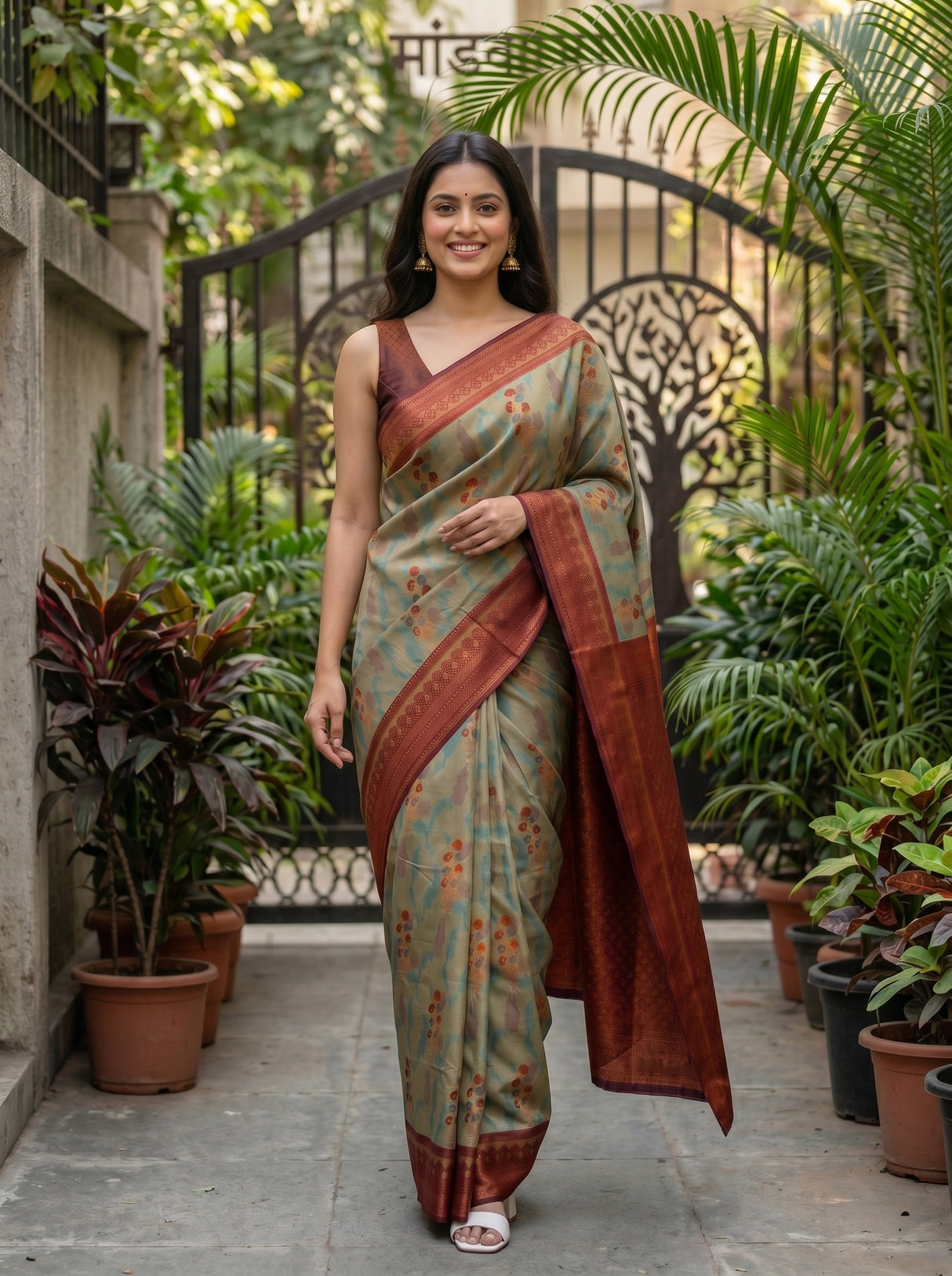 MIMOSA Chiku Pochampally Art Silk Saree — Saree body and hand detail