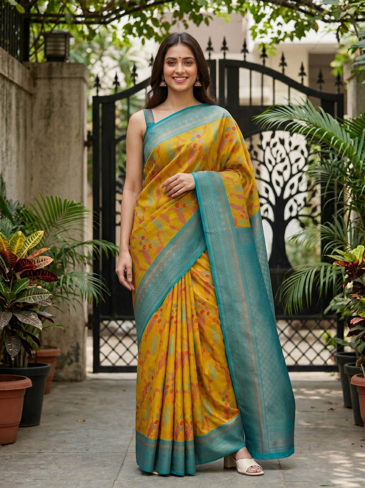 MIMOSA Olive Pochampally Art Silk Saree — Full length model pose