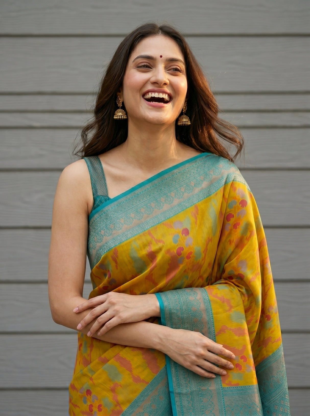 MIMOSA Olive Pochampally Art Silk Saree — Plant pots and wall detail