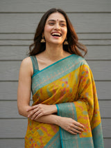 MIMOSA Olive Pochampally Art Silk Saree — Plant pots and wall detail