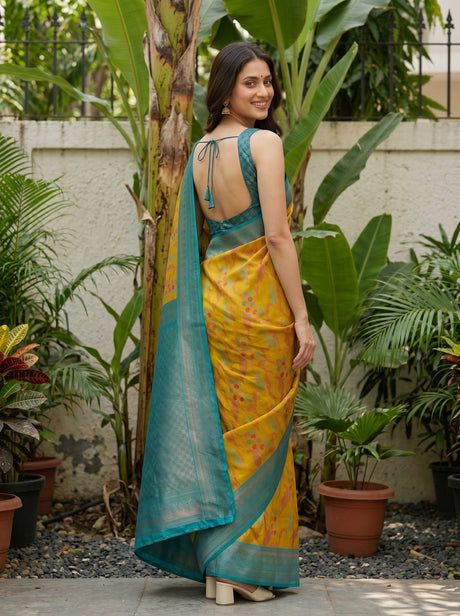 MIMOSA Olive Pochampally Art Silk Saree — Wall and foliage detail