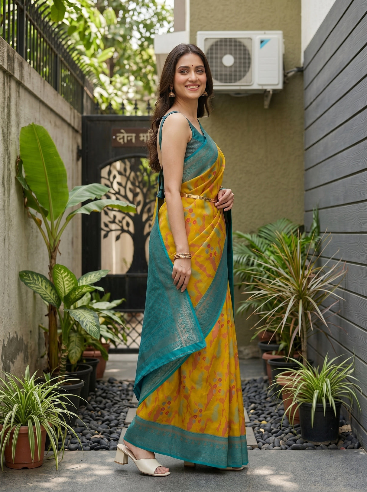 MIMOSA Olive Pochampally Art Silk Saree — Model smiling close-up