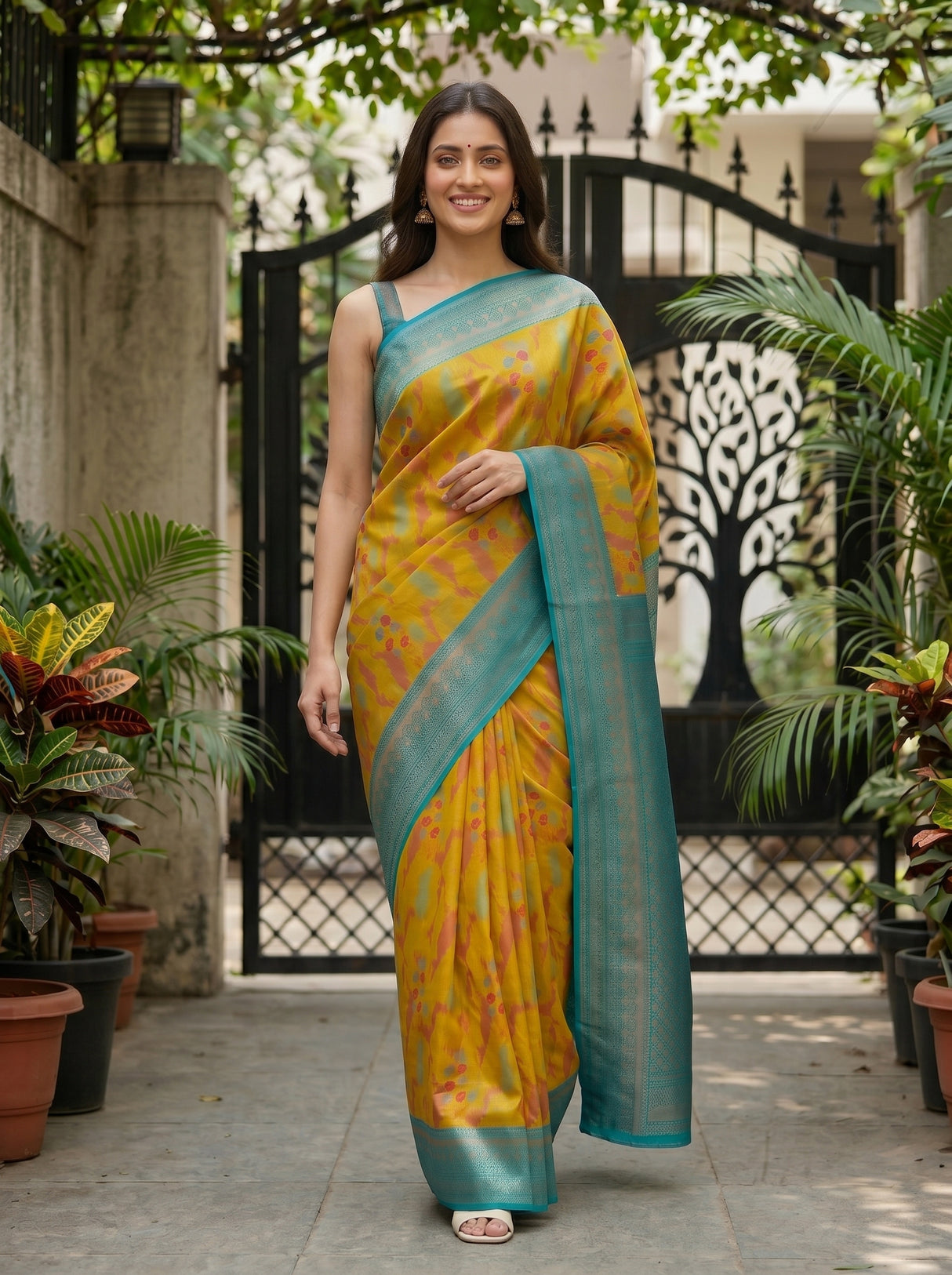 MIMOSA Olive Pochampally Art Silk Saree — Gate and foliage detail