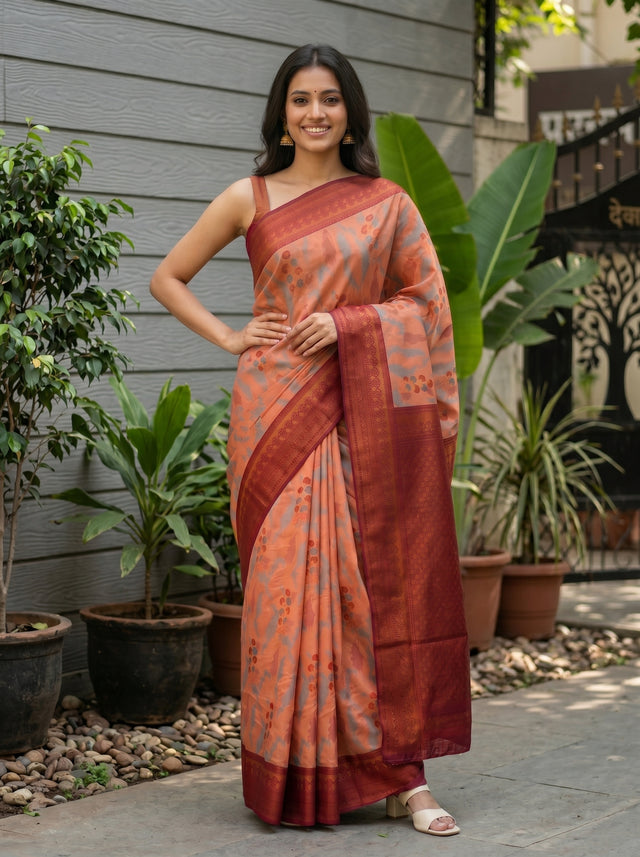MIMOSA Peach Pochampally Art Silk Saree — Full length model pose