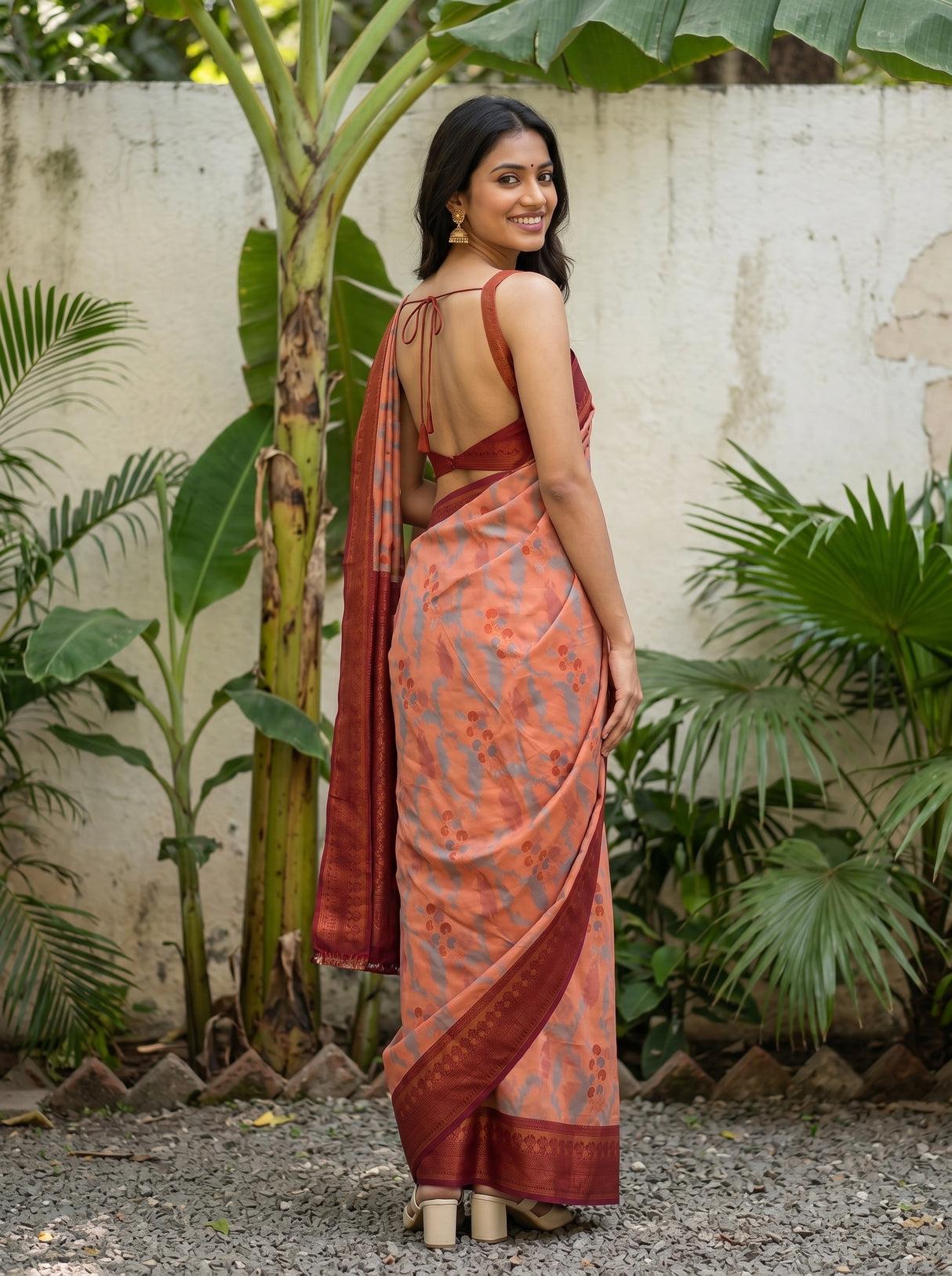 MIMOSA Peach Pochampally Art Silk Saree — Wall and foliage detail