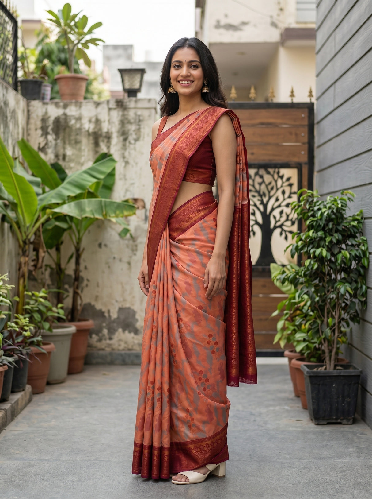 MIMOSA Peach Pochampally Art Silk Saree — Model smiling close-up