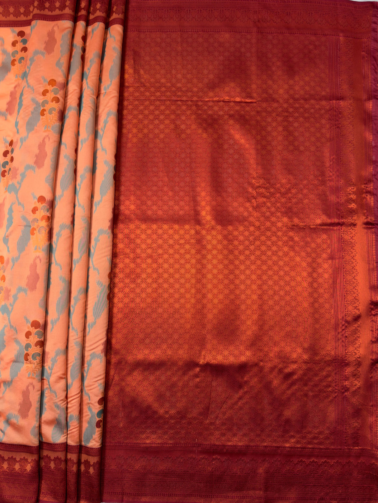 MIMOSA Peach Pochampally Art Silk Saree — Saree hem and white heels