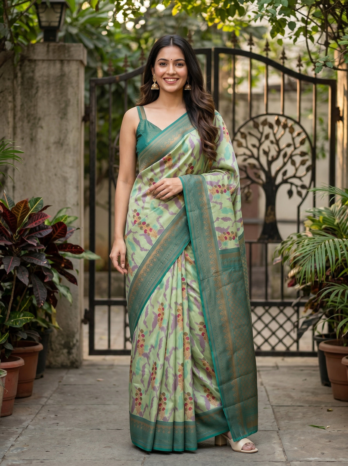 MIMOSA Pista Pochampally Art Silk Saree — Full length model pose
