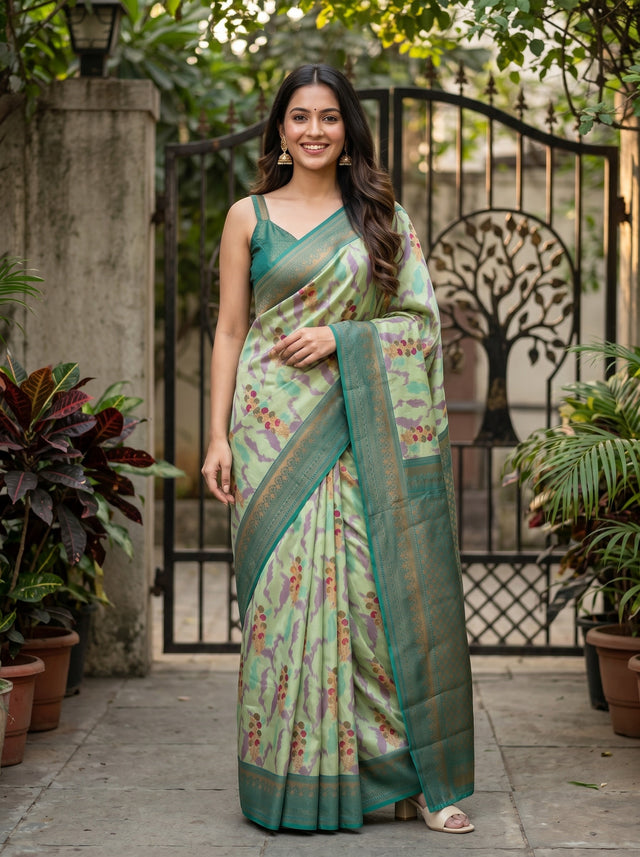 MIMOSA Pista Pochampally Art Silk Saree — Full length model pose