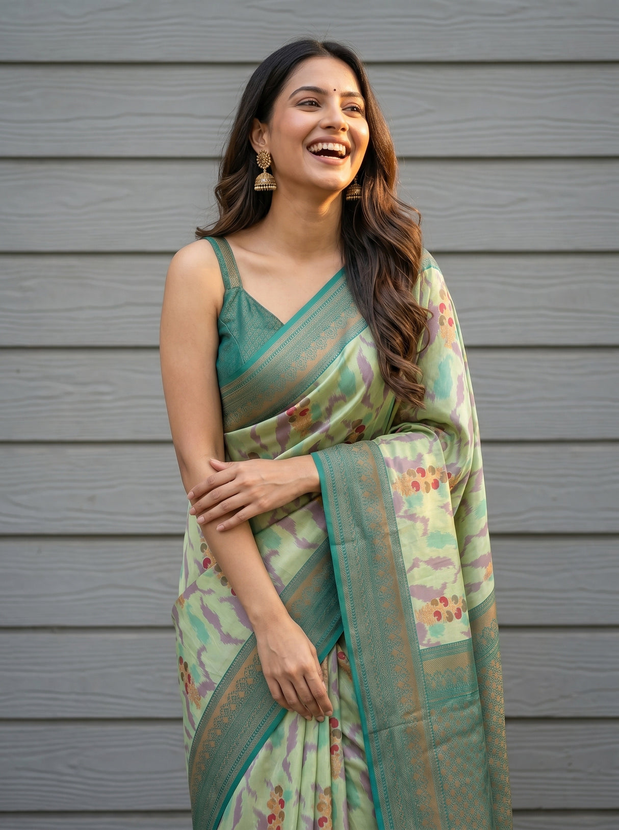 MIMOSA Pista Pochampally Art Silk Saree — Saree pallu flowing detail