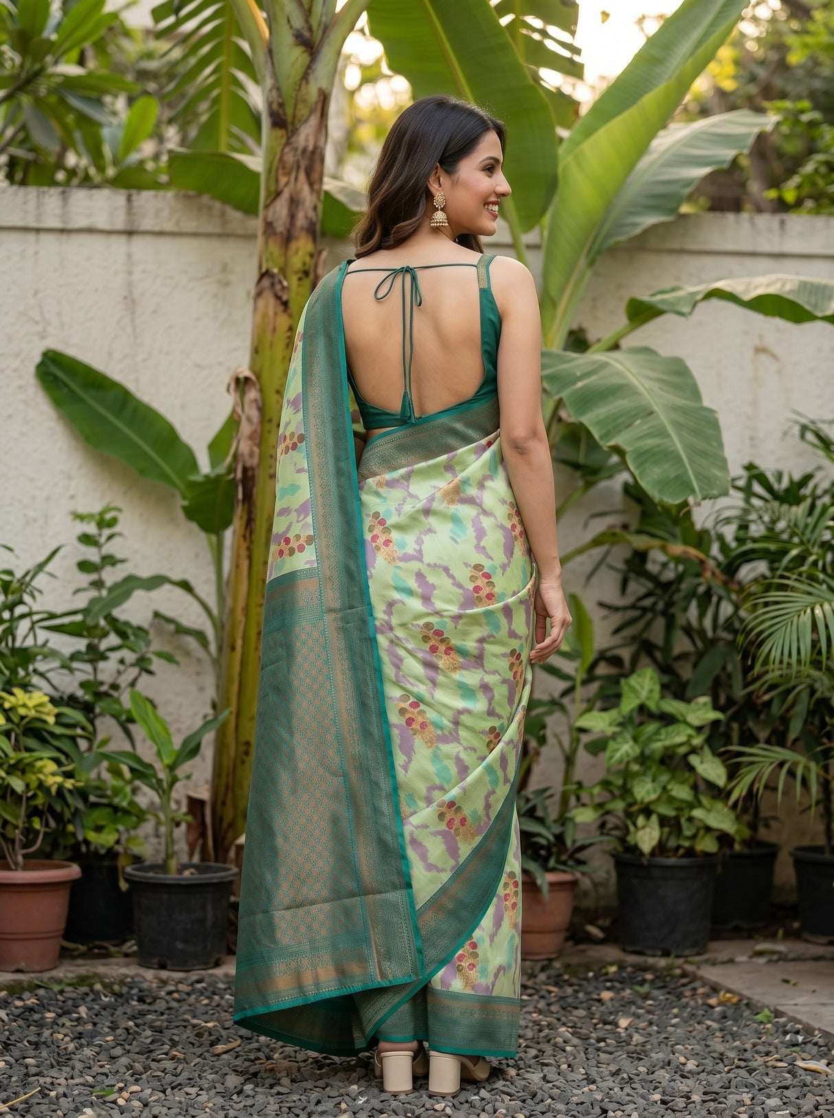MIMOSA Pista Pochampally Art Silk Saree — Wall and foliage detail