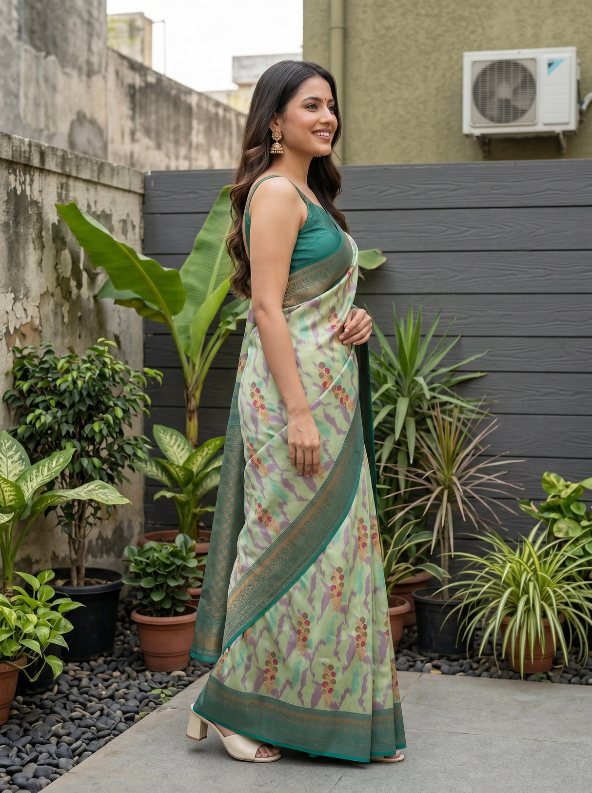 MIMOSA Pista Pochampally Art Silk Saree — Model smiling close-up