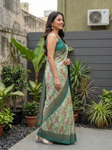 MIMOSA Pista Pochampally Art Silk Saree — Model smiling close-up