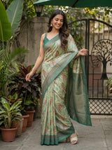 MIMOSA Pista Pochampally Art Silk Saree — Model arm and plant detail