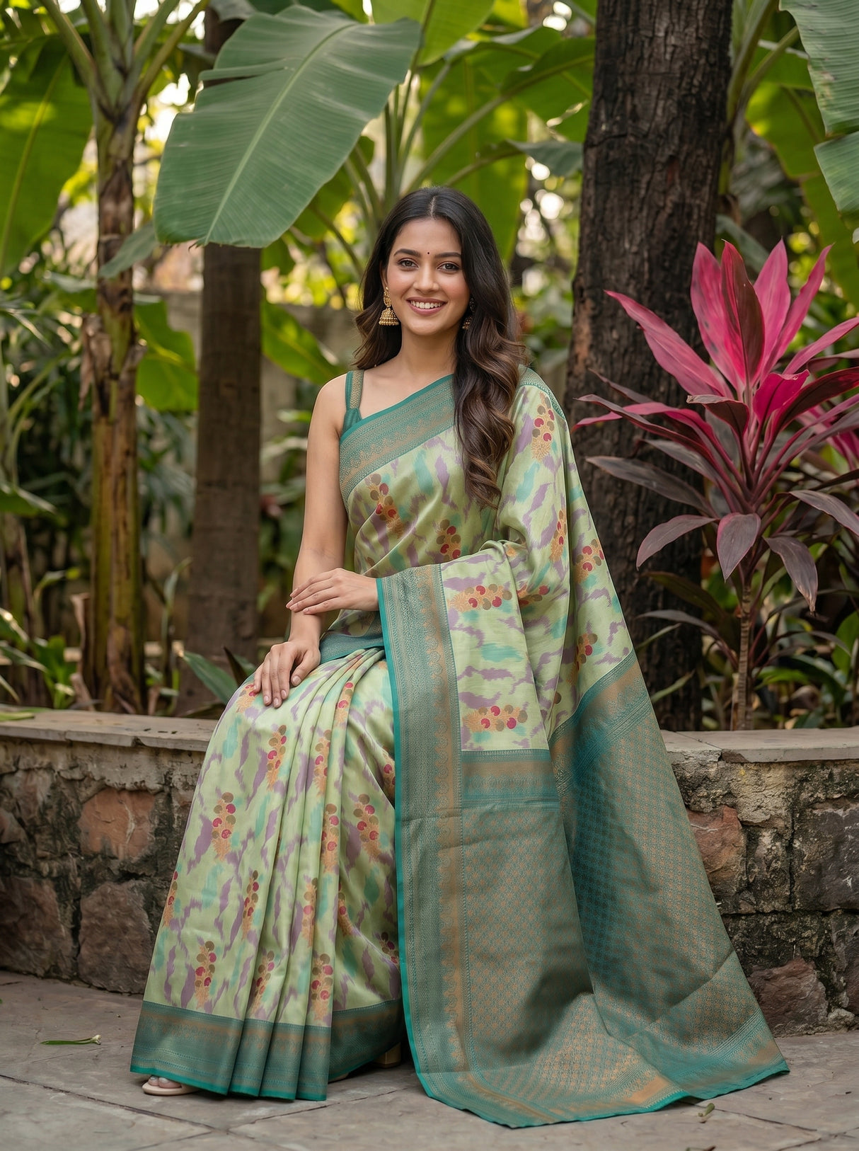 MIMOSA Pista Pochampally Art Silk Saree — Plant pots and wall detail
