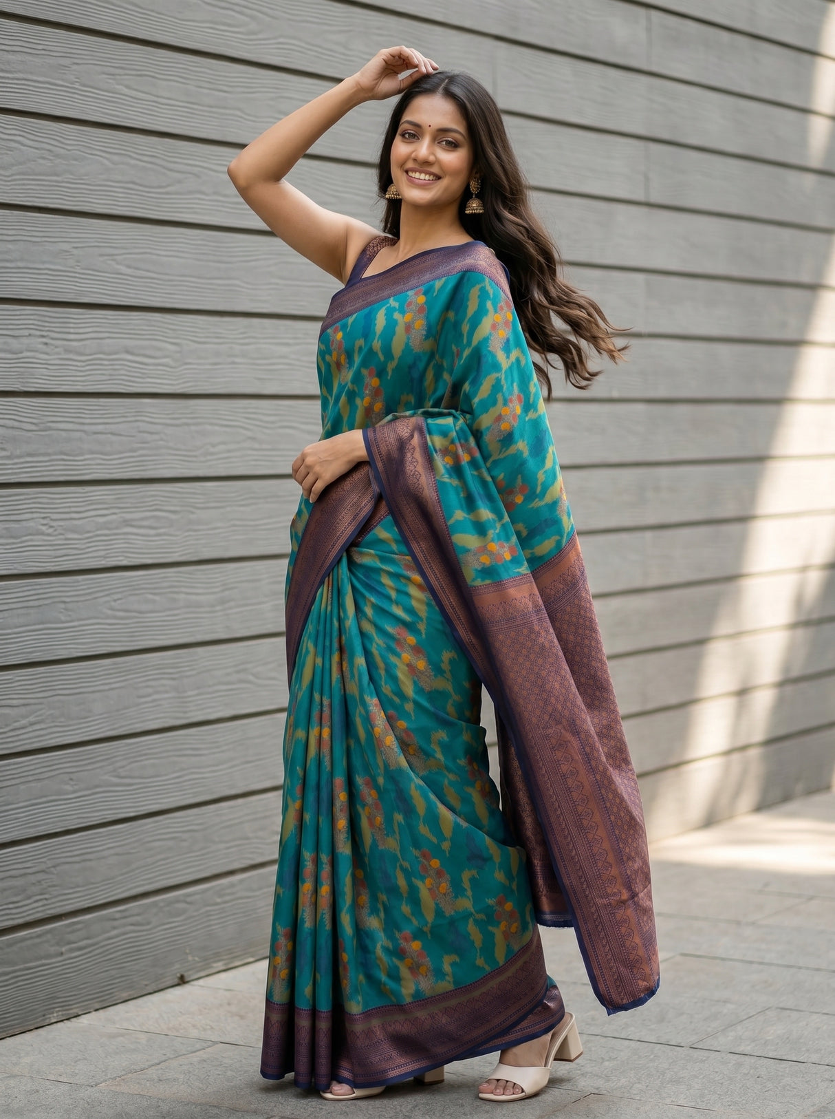 MIMOSA Rama Pochampally Art Silk Saree — Plant pots and wall detail