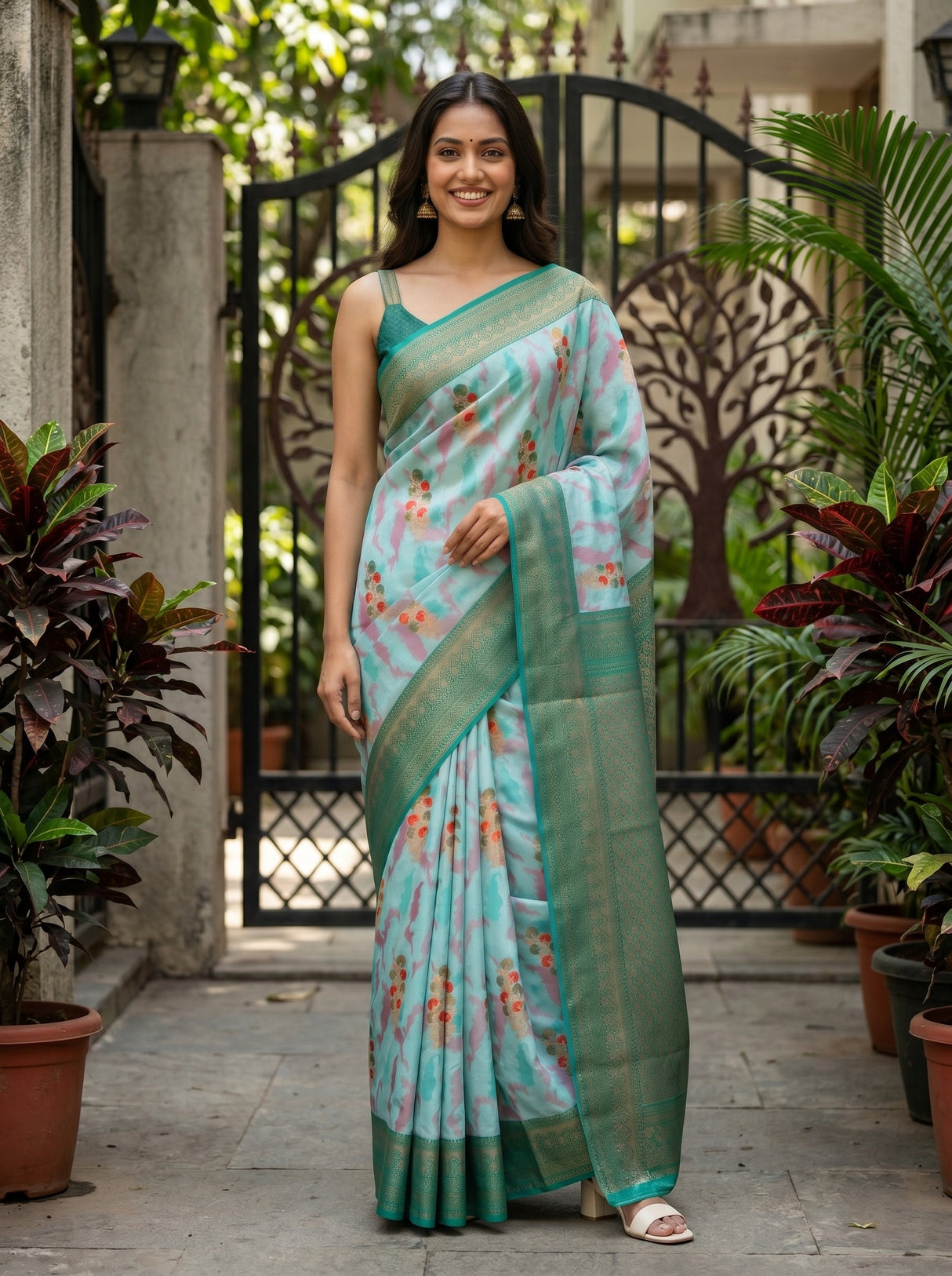 MIMOSA Sapphire Pochampally Art Silk Saree — Full length model pose