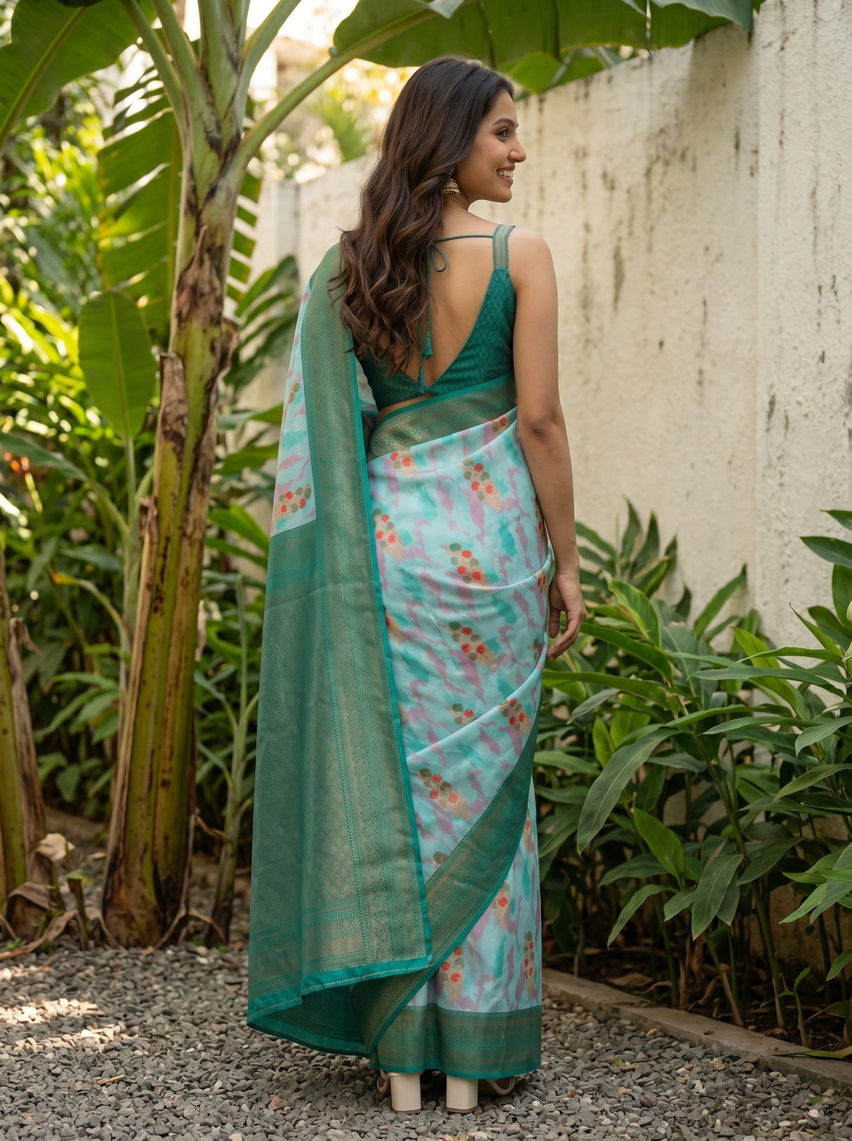 MIMOSA Sapphire Pochampally Art Silk Saree — Wall and foliage detail