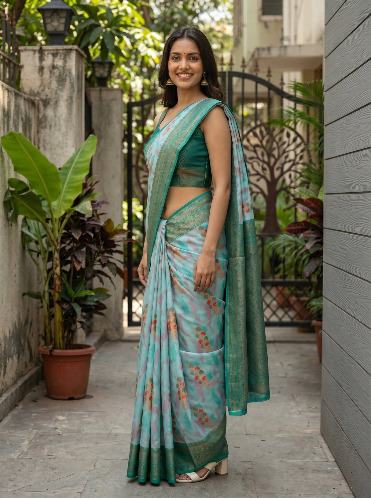 MIMOSA Sapphire Pochampally Art Silk Saree — Model smiling close-up