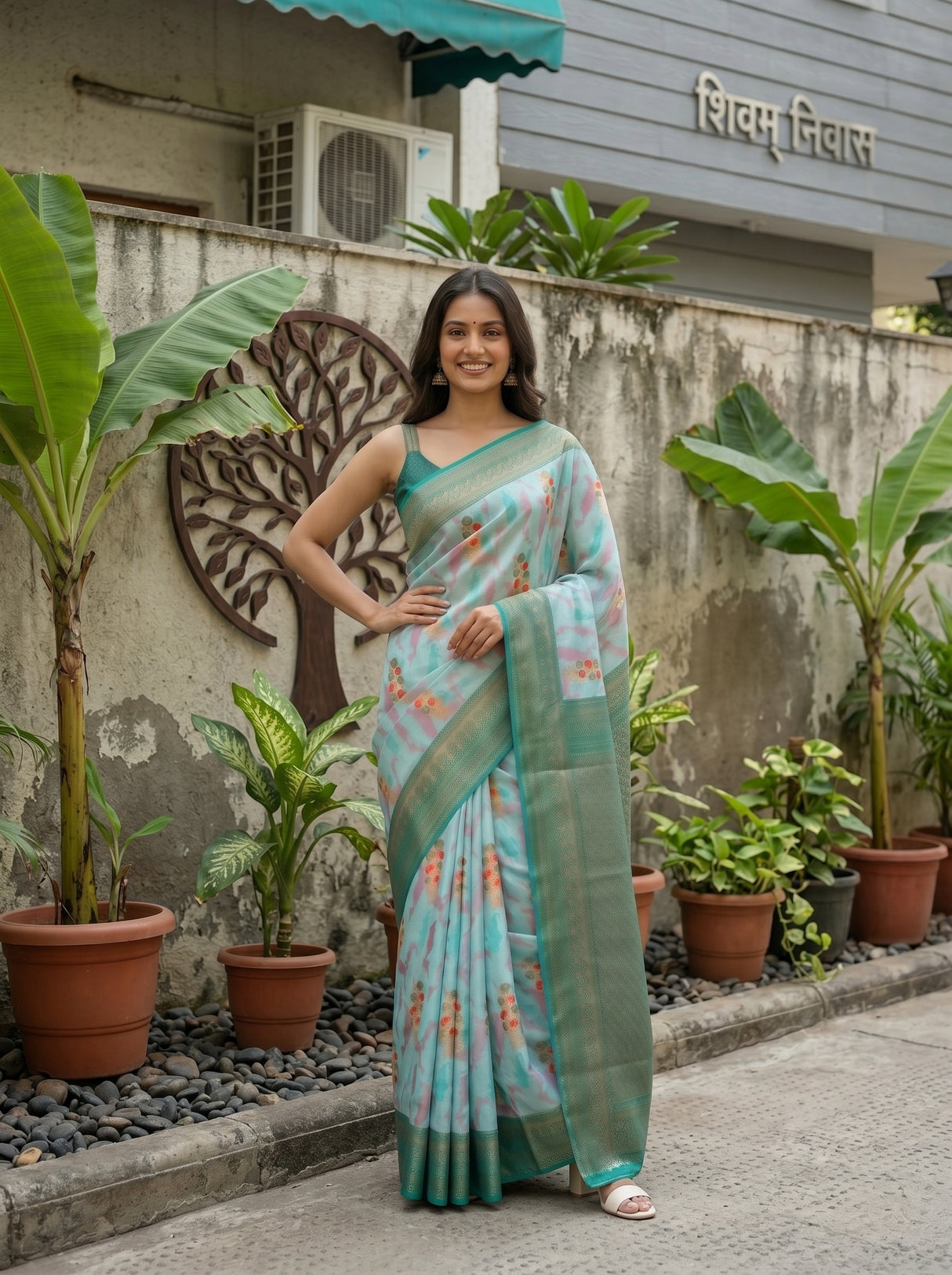MIMOSA Sapphire Pochampally Art Silk Saree — Gate and foliage detail