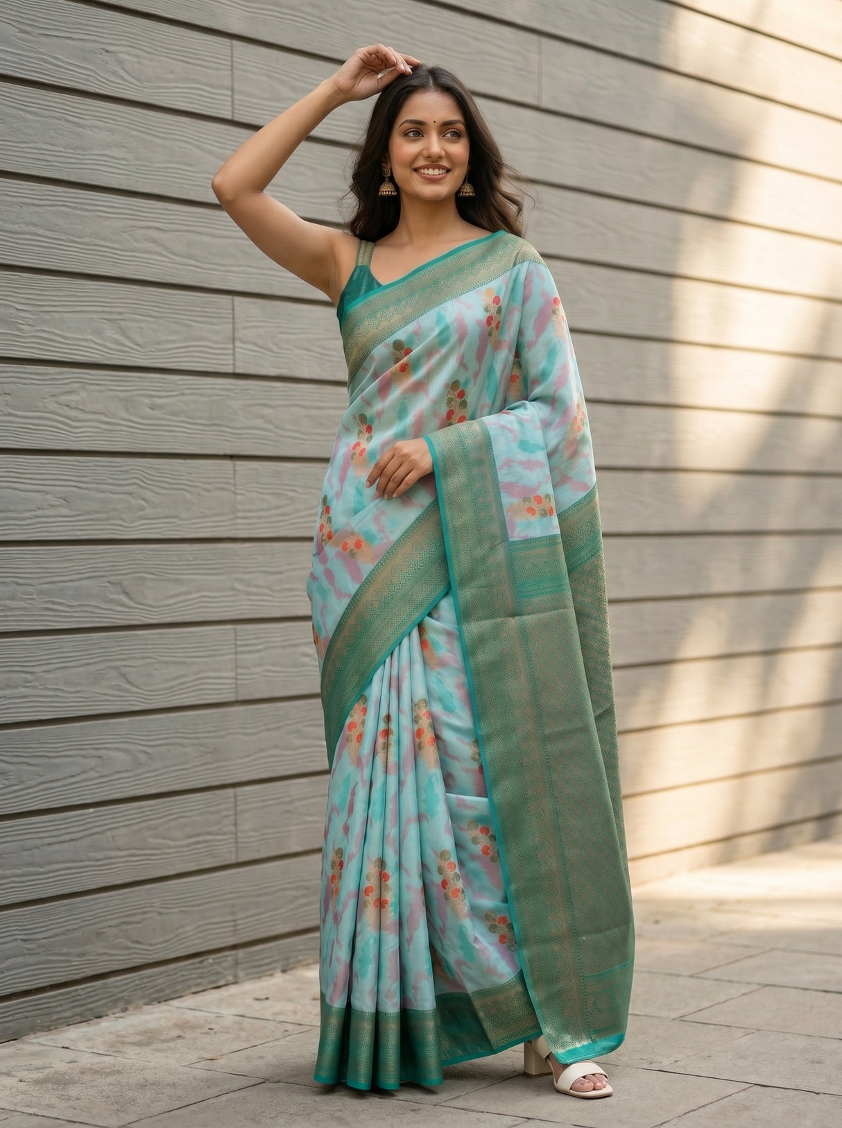 MIMOSA Sapphire Pochampally Art Silk Saree — Saree pleats and border detail