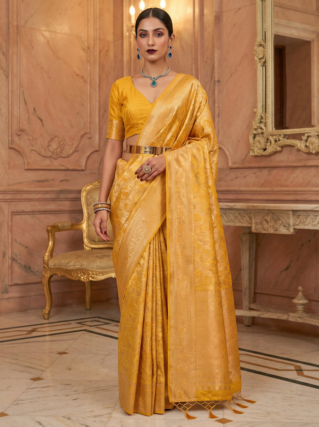 MIMOSA Mustard Kanjivaram Art Silk Saree — Full View on Mannequin