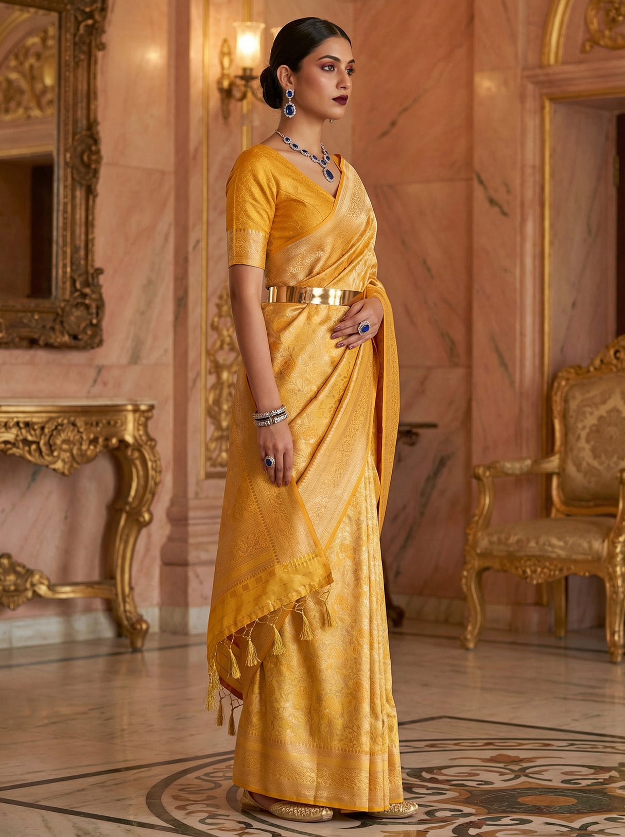 MIMOSA Mustard Kanjivaram Art Silk Saree — Pallu and Border Detail