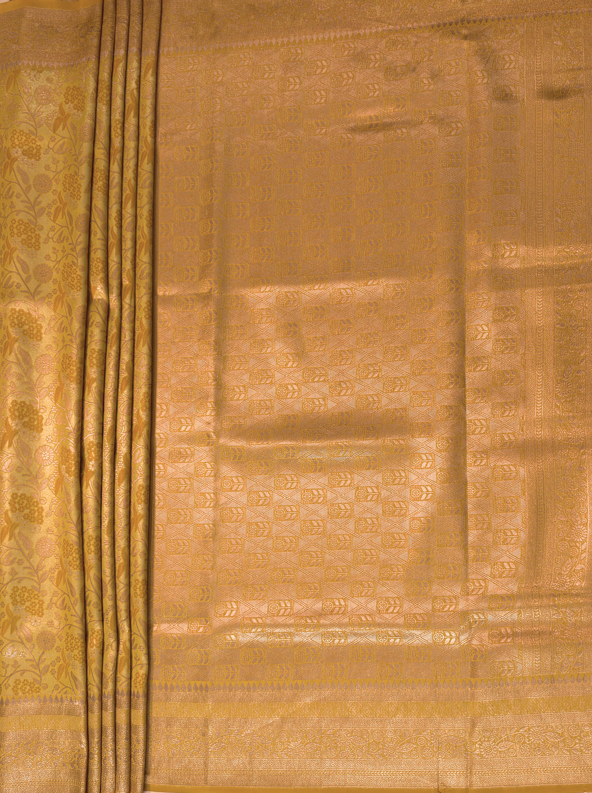 MIMOSA Mustard Kanjivaram Art Silk Saree — pallu and zari work detail