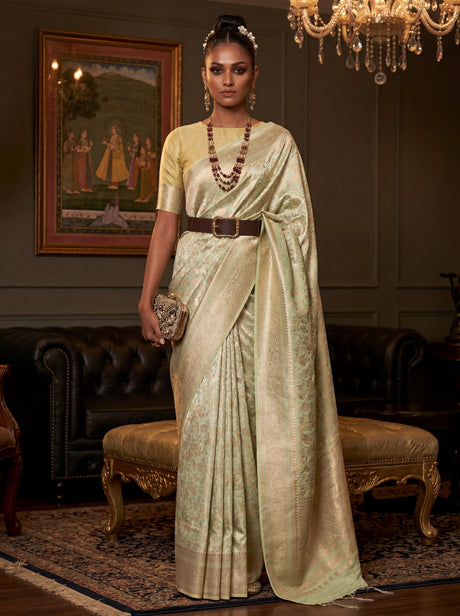 MIMOSA Olive Kanjivaram Art Silk Saree — Full View on Mannequin