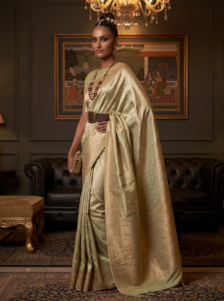 MIMOSA Olive Kanjivaram Art Silk Saree — Unstitched Blouse Piece