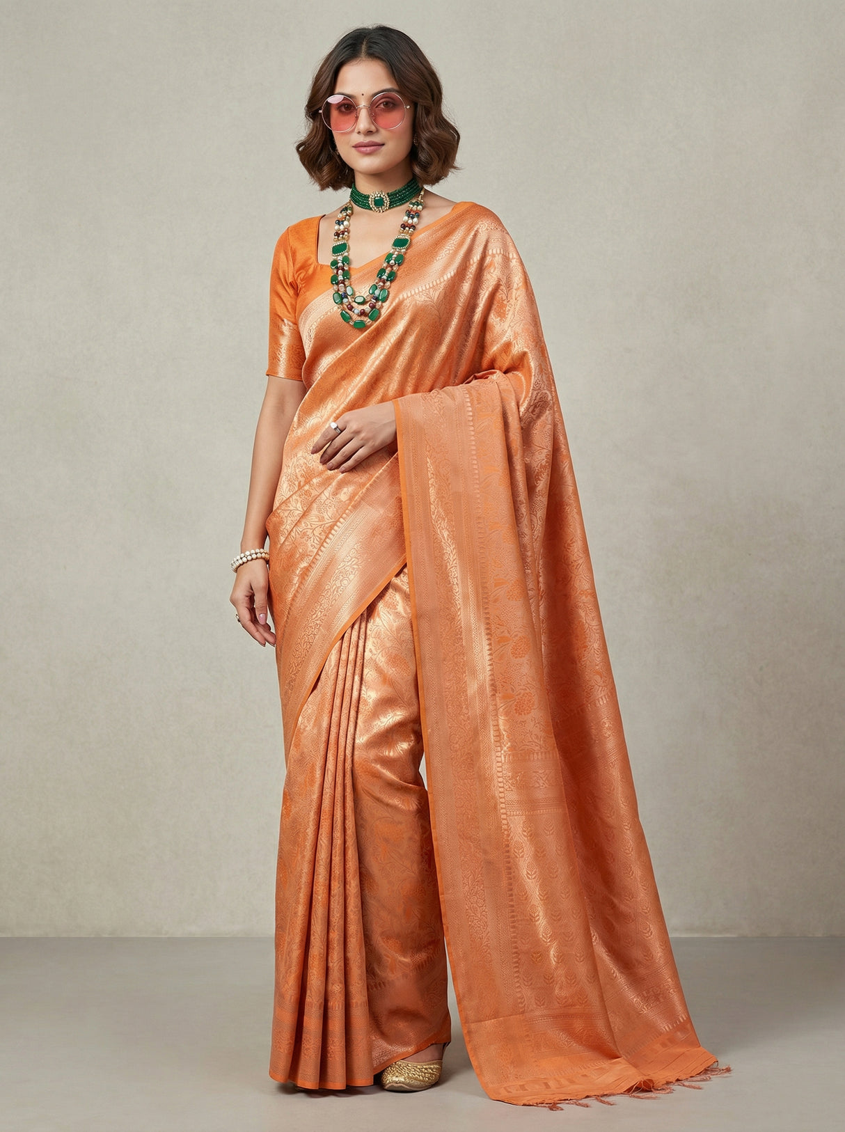 MIMOSA Orange Kanjivaram Art Silk Saree — Unstitched Blouse Piece