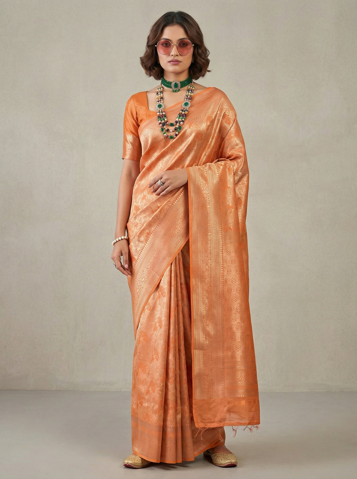 MIMOSA Orange Kanjivaram Art Silk Saree — pose 5 styling detail