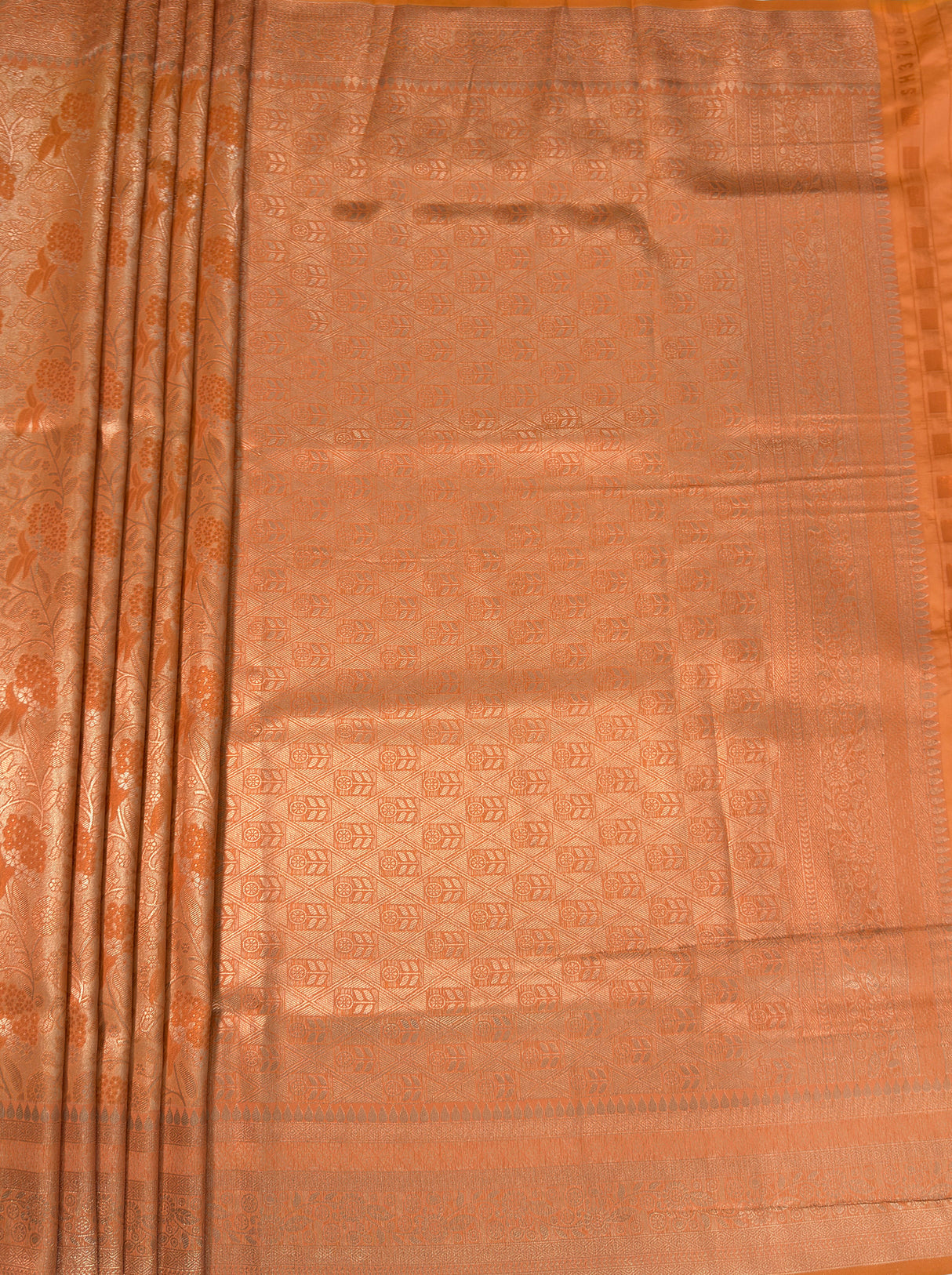 MIMOSA Orange Kanjivaram Art Silk Saree — pallu and zari work detail