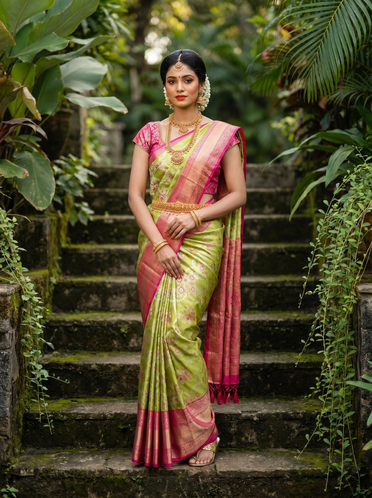 MIMOSA Green Kanjivaram Art Silk Saree — Draped Mannequin View