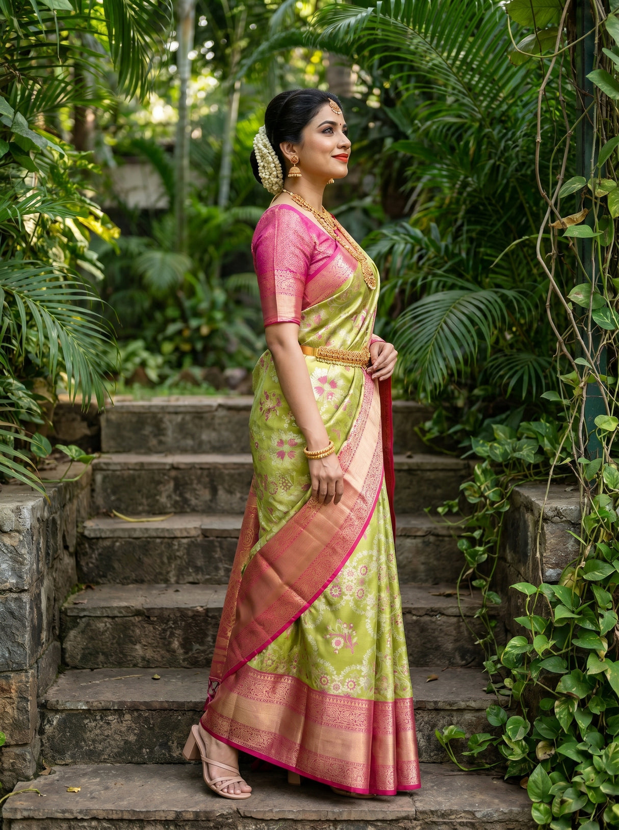 MIMOSA Green Kanjivaram Art Silk Saree — Full View on Model