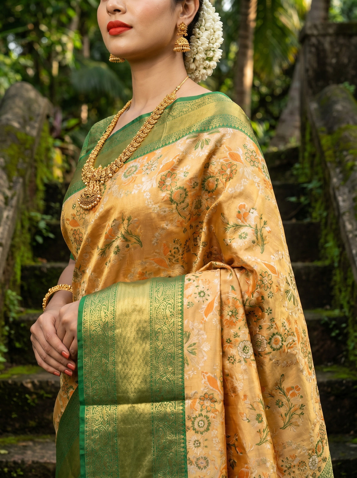 MIMOSA Orange Kanjivaram Art Silk Saree — pose 10 styling detail