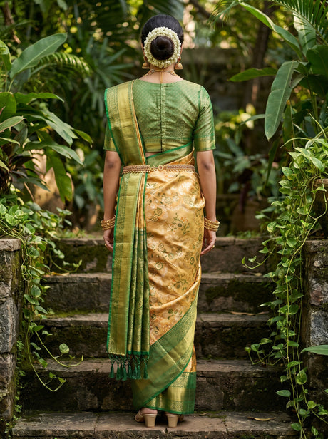 MIMOSA Orange Kanjivaram Art Silk Saree — Unstitched Blouse Fabric