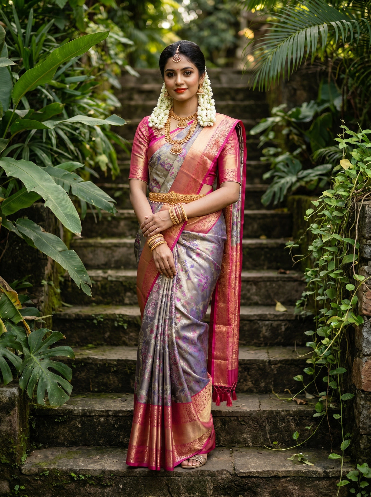 MIMOSA Violet Kanjivaram Art Silk Saree — Draped Mannequin View